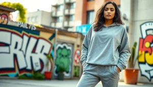 Stylish Essentials Tracksuit model in trendy urban setting, showcasing comfort and modern design.