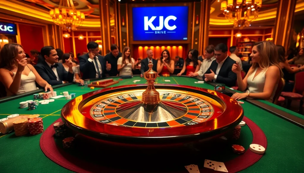 KJC logo showcased in an upscale casino scene with players enjoying games of roulette and poker.