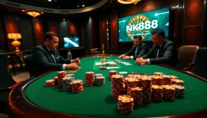 Engaged players strategize in a luxurious poker game at https://nk88.sa.com/, surrounded by vibrant chips and cards.