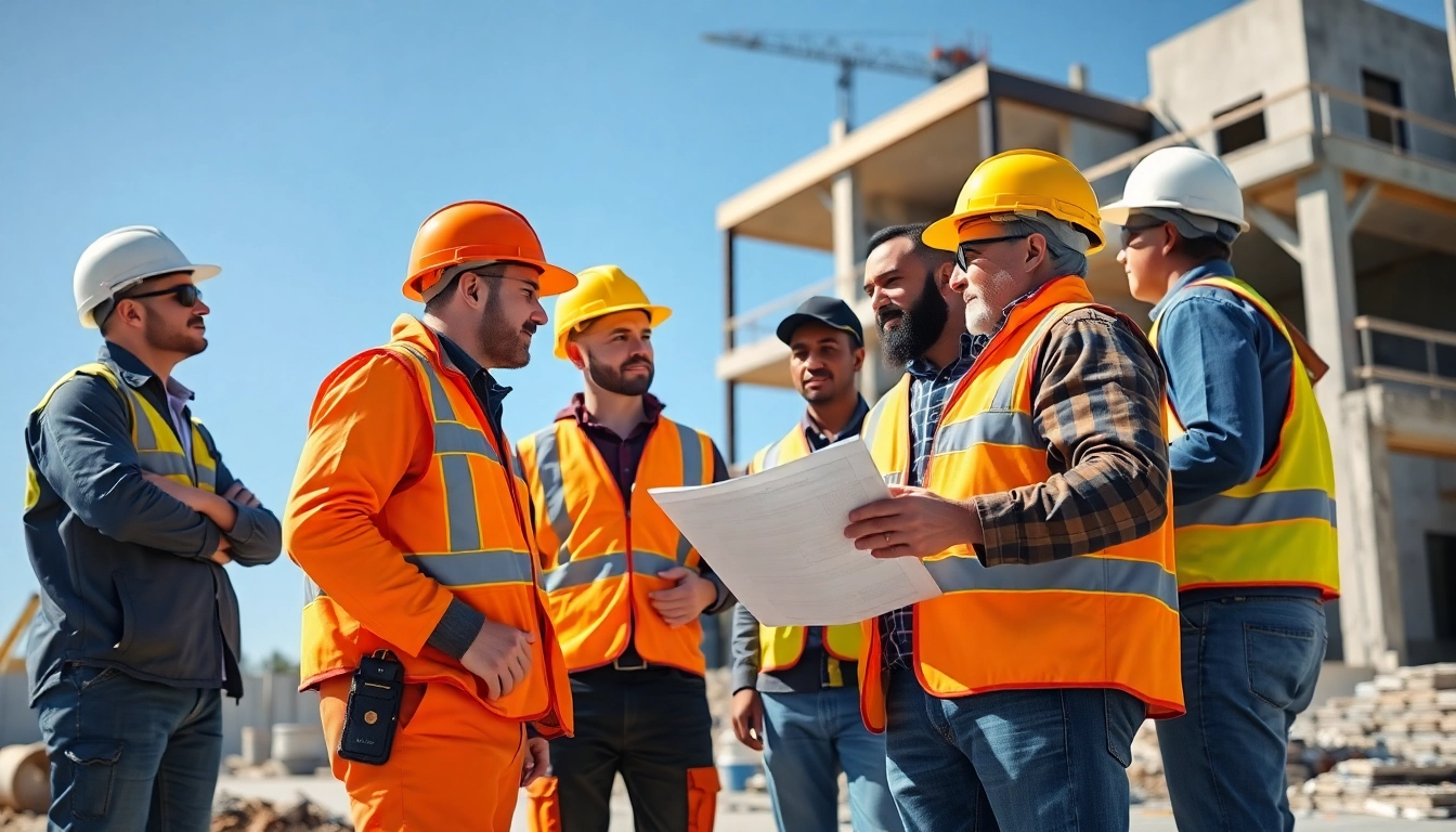 Southern California contractors association collaborating at a vibrant construction site with safety gear and plans.