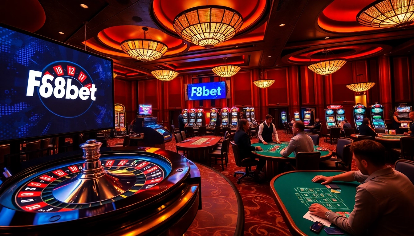 Experience the excitement of F8bet in a luxurious casino filled with poker tables and roulette wheels.