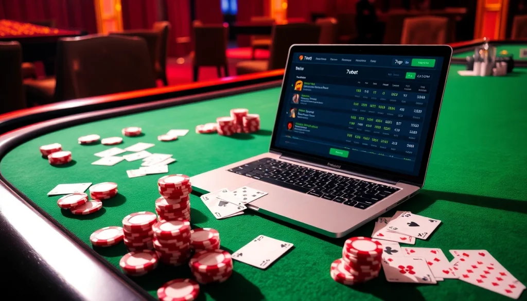 Join the excitement at 7upbet with a vibrant online gambling scene featuring poker chips and betting slips.