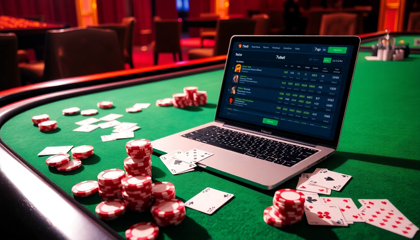 Join the excitement at 7upbet with a vibrant online gambling scene featuring poker chips and betting slips.