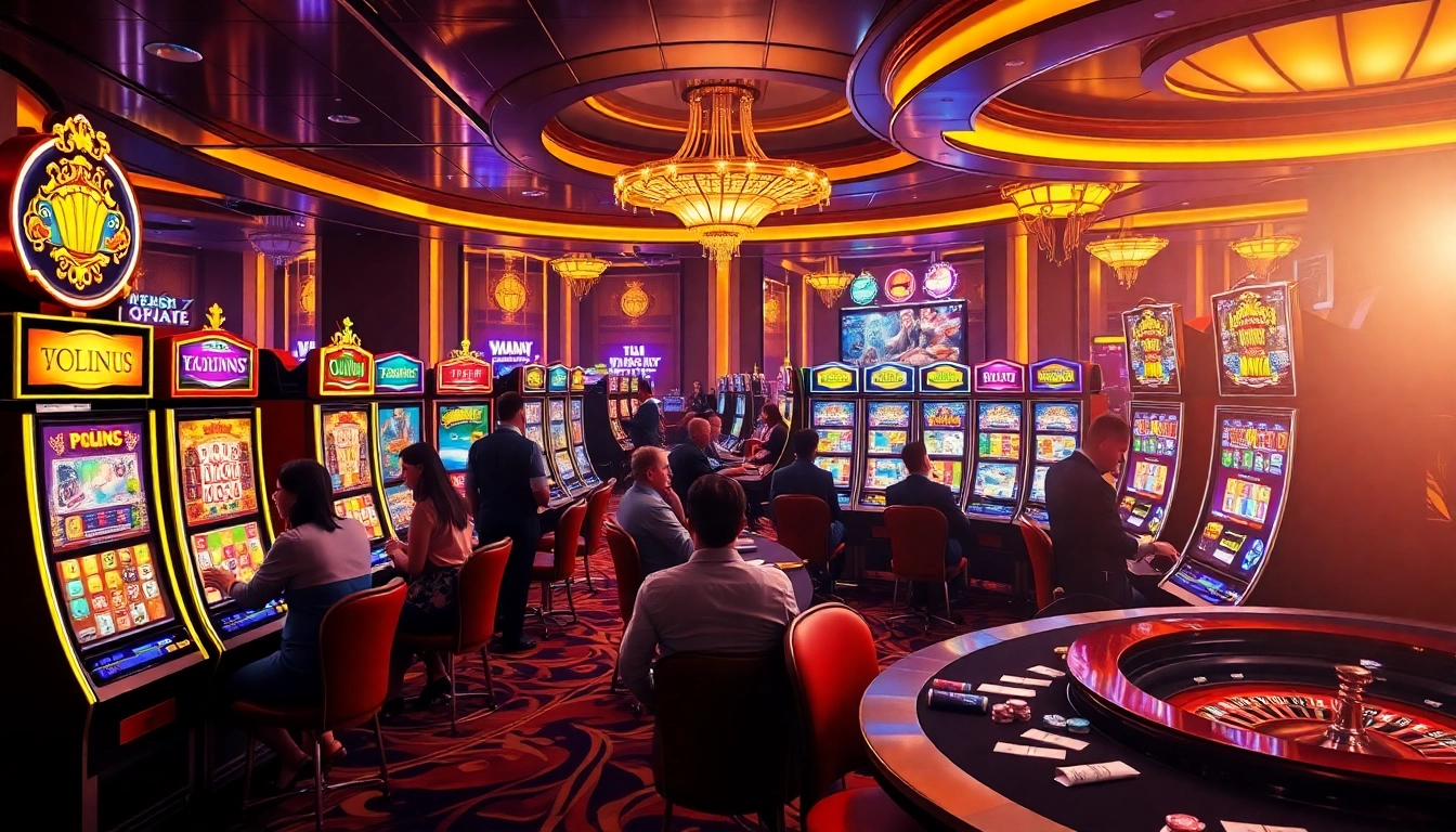 Rasakan aksi seru slot deposit pulsa tanpa potongan di kasino mewah, diterangi mesin slot yang berwarna-warni.