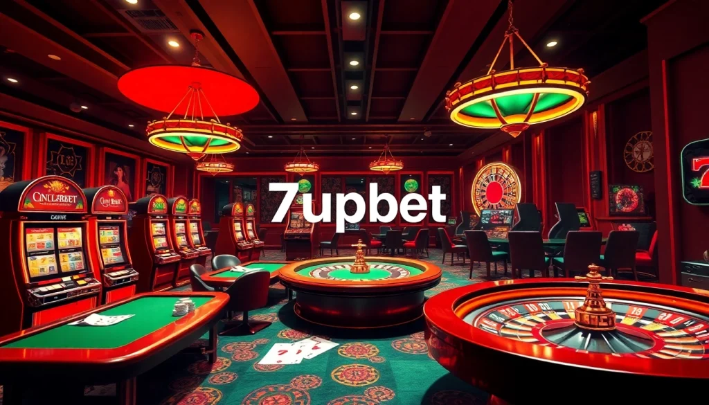 Players engaged in a lively game at 7upbet casino, featuring vibrant tables and rich decor.