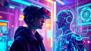 Engaging with an nsfw character ai in a vibrant, futuristic digital environment.