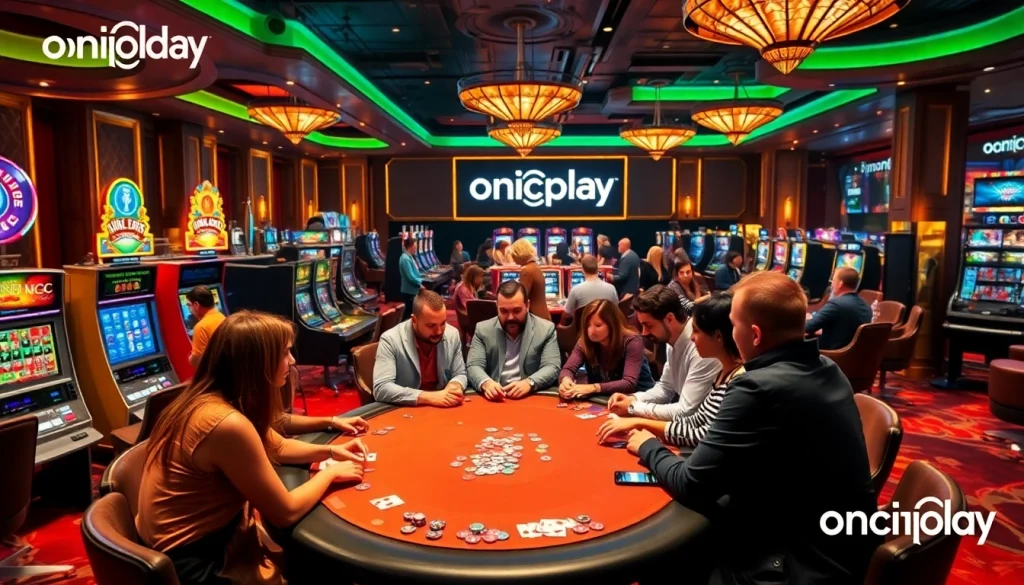 Players enjoying thrilling games at an onicplay casino, showcasing excitement and luxury.