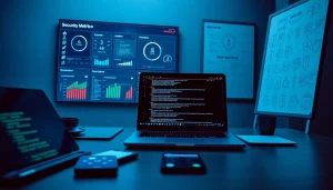 Modern workspace showcasing infosec metrics and cybersecurity tools on digital screens.