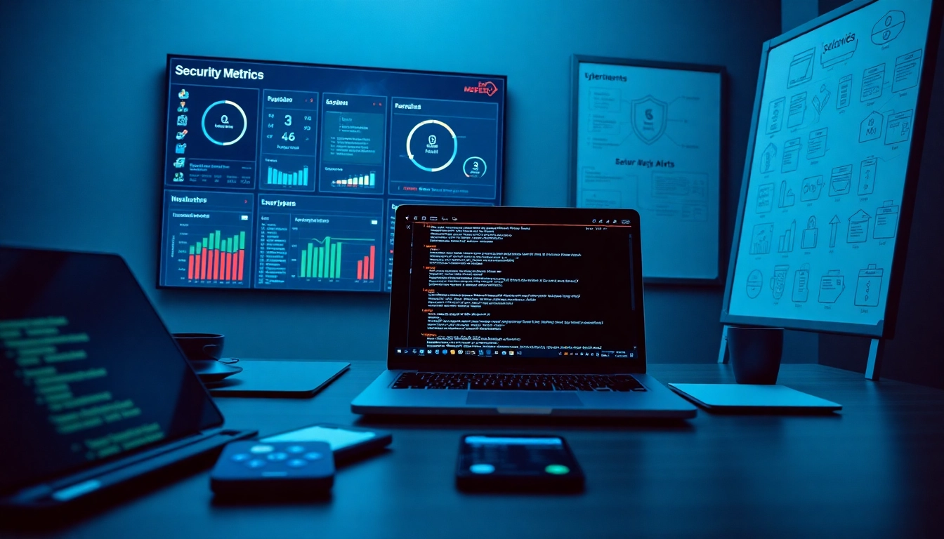 Modern workspace showcasing infosec metrics and cybersecurity tools on digital screens.