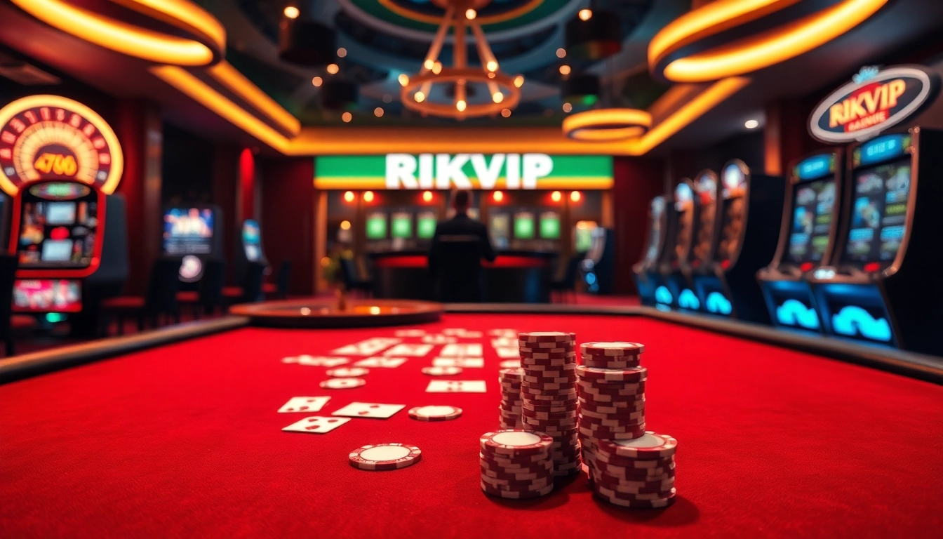 Experience the thrill of RIKVIP at a luxurious casino table with high-stakes poker and vibrant slot machines.