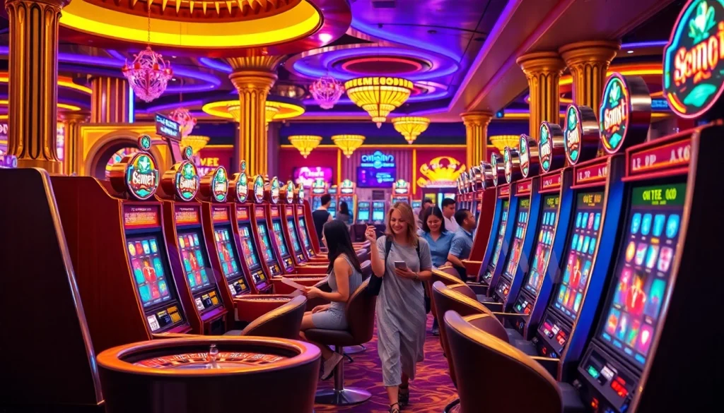 Rasakan sensasi bermain slot deposit pulsa tanpa potongan di mesin slot kasino yang berwarna-warni saat para pemain merayakan keberuntungan mereka.