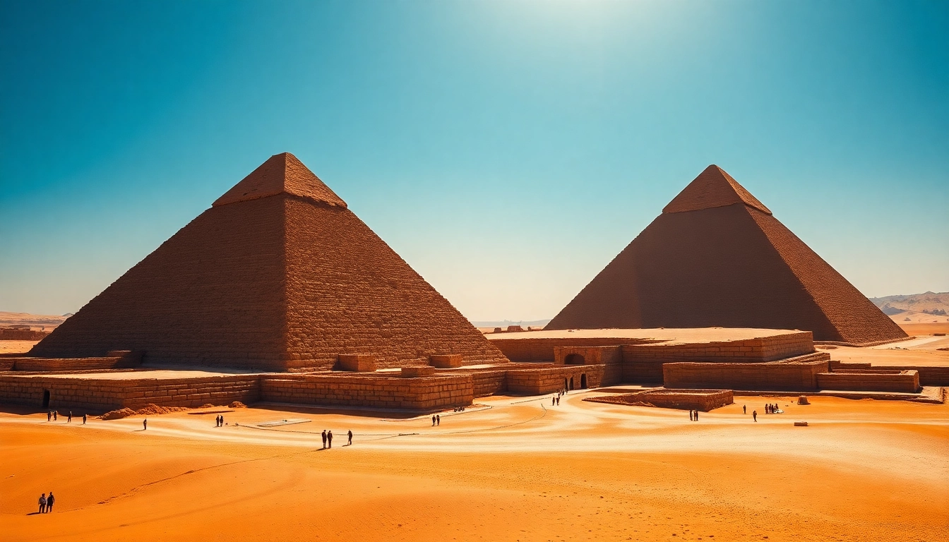 Explore the stunning piraminds of Giza set against a vibrant sky and golden sands.
