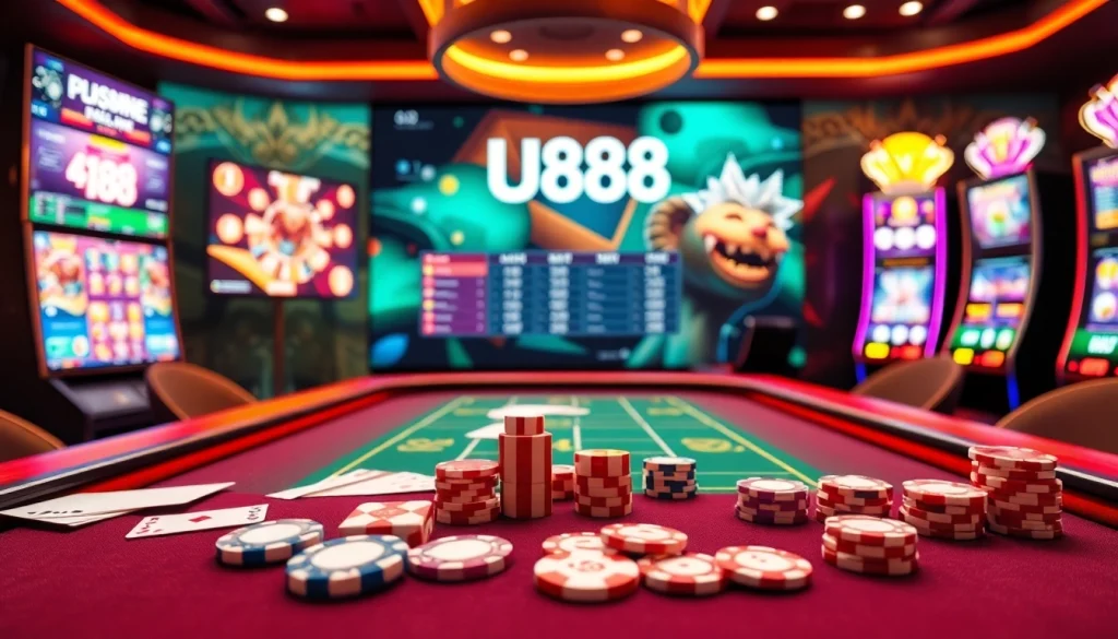 Playing cards and chips represent the thrilling atmosphere at U88 online casino.