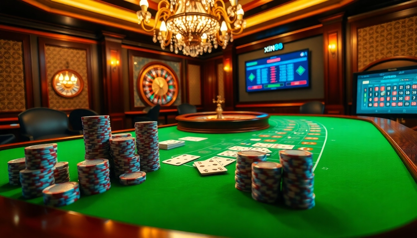 Experience excitement at xin88 with vibrant casino tables filled with chips and cards.