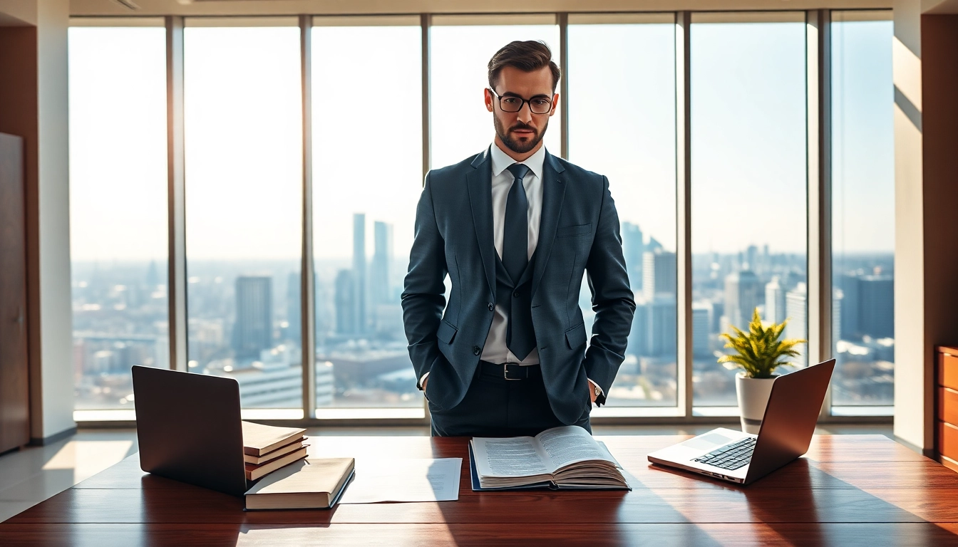 Real estate lawyer reviewing documents in a modern office with skyline views.