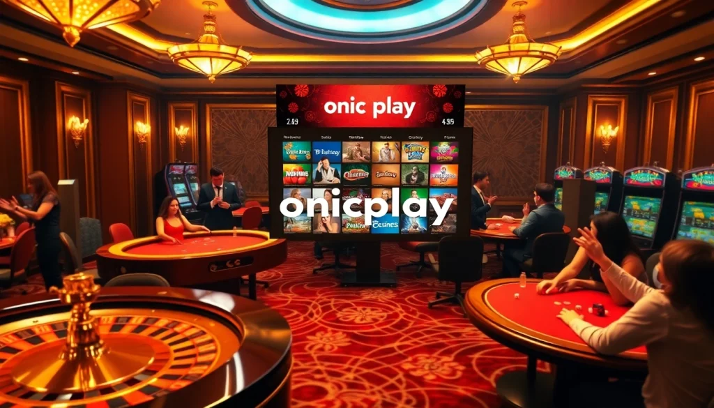 Players enjoying onicplay games at a luxurious casino featuring roulette and slots.
