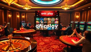Players enjoying onicplay games at a luxurious casino featuring roulette and slots.