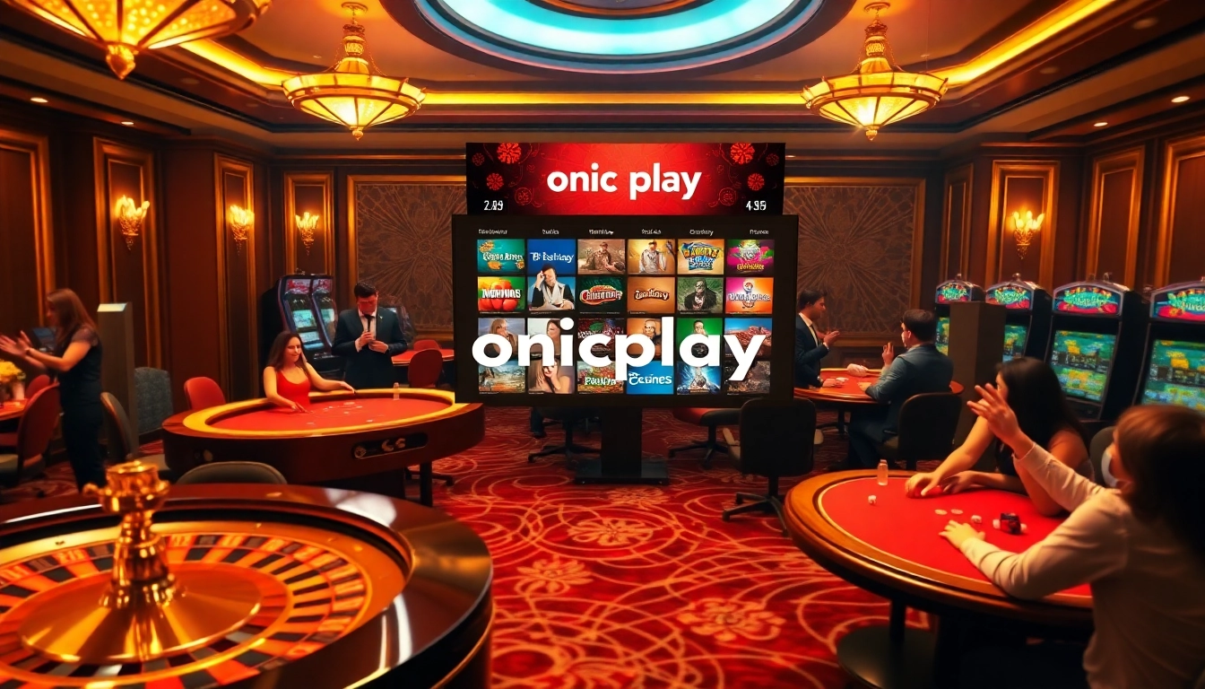 Players enjoying onicplay games at a luxurious casino featuring roulette and slots.