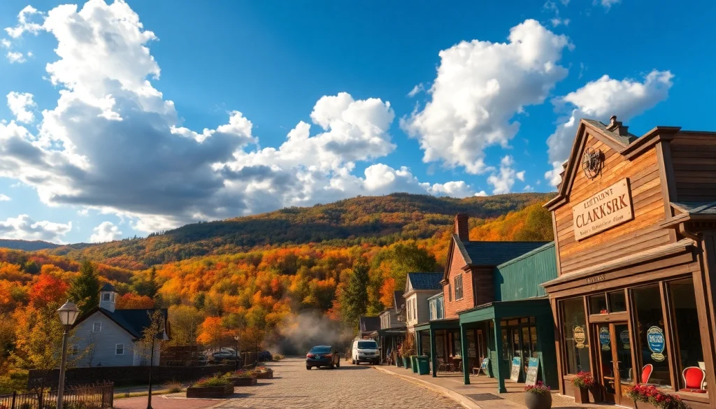 Clarksburg's charming downtown with historic buildings and vibrant autumn scenery.