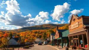 Clarksburg's charming downtown with historic buildings and vibrant autumn scenery.