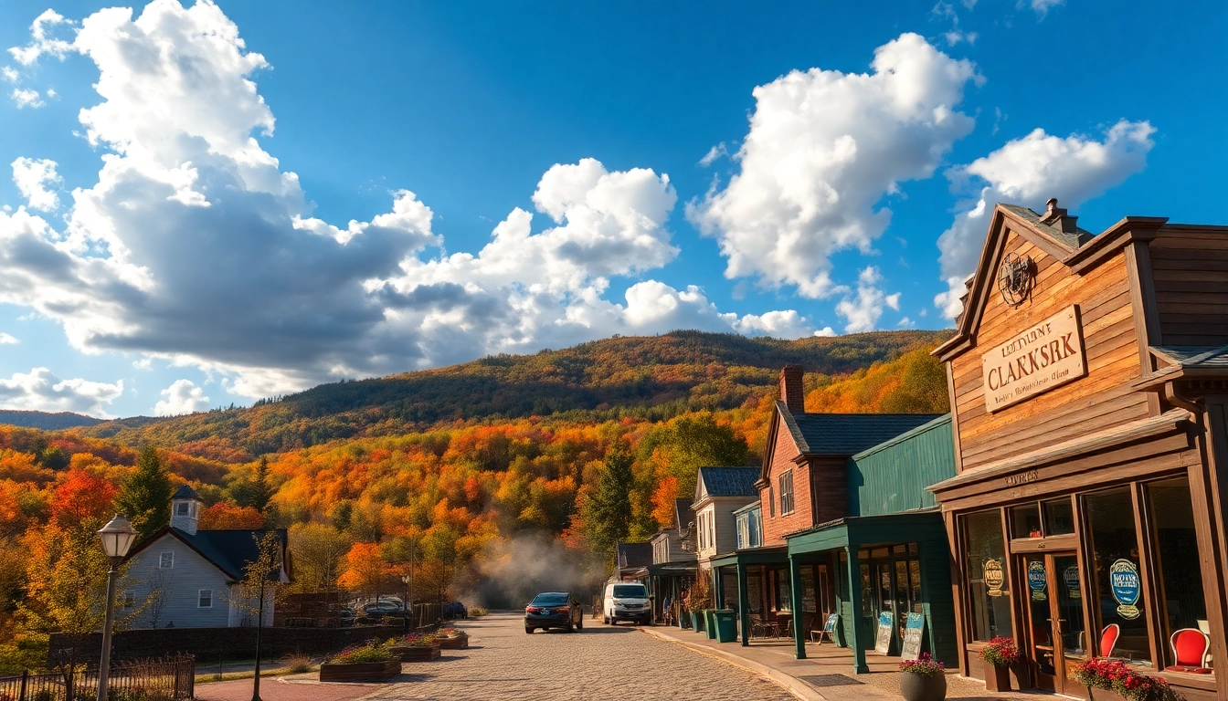Clarksburg's charming downtown with historic buildings and vibrant autumn scenery.