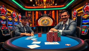 FLY 88 players strategizing in an elegant casino scene with poker chips and a roulette wheel.