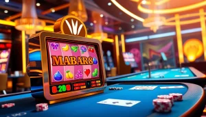 MABAR88 Link mesin slot online yang menampilkan gulungan berwarna-warni dan suasana kasino.