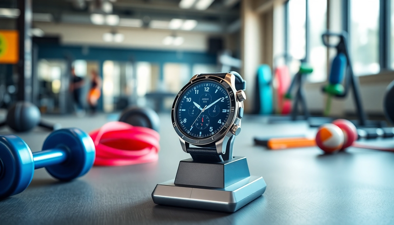 Showcase the Pulse Smart Watch on a stand with fitness accessories, highlighting its features and style.