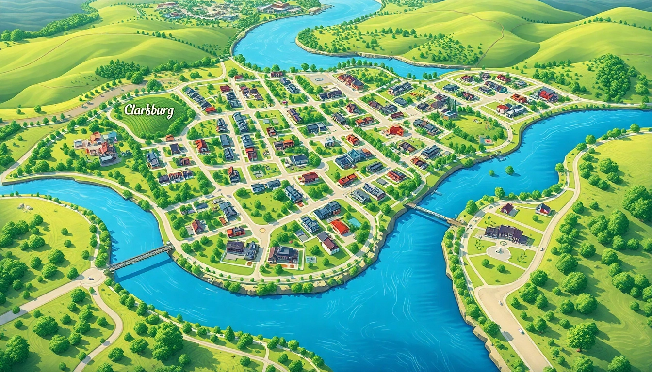 Intricate Clarksburg California map showcasing landmarks and natural beauty.