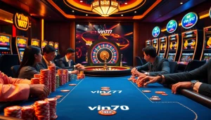 Experience vin777, a vibrant casino scene with poker tables, roulette wheel, and modern slot machines.