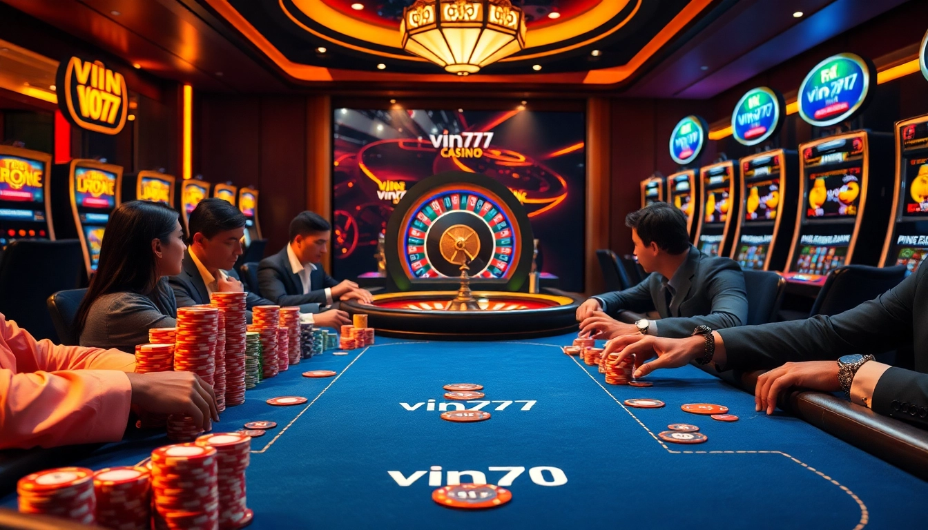 Experience vin777, a vibrant casino scene with poker tables, roulette wheel, and modern slot machines.