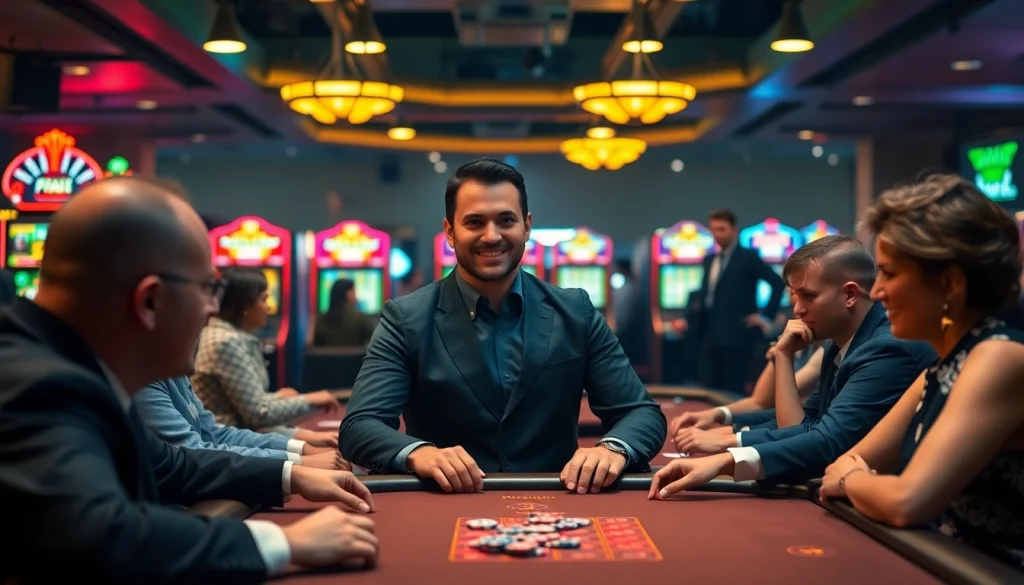 Masuk ke dewalive login dengan dealer profesional dikelilingi pemain di kasino.