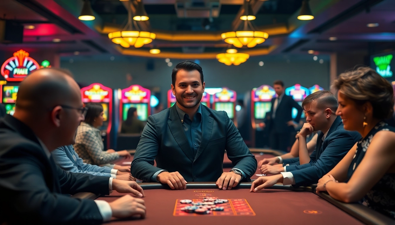 Masuk ke dewalive login dengan dealer profesional dikelilingi pemain di kasino.