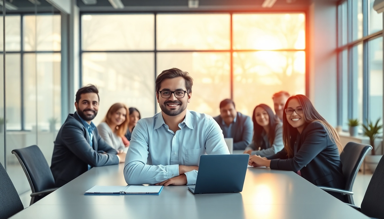 Dynamic interaction with a corporate coach guiding a team in a modern workspace.