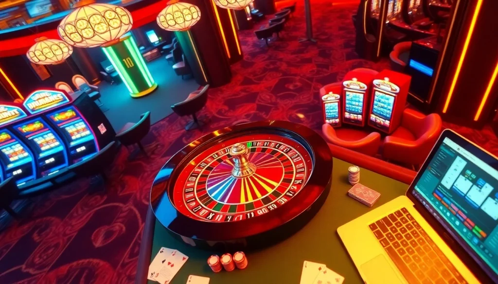 Découvrez les frissons du casino en ligne Français avec des scènes de roulette et de poker vibrantes dans une ambiance luxueuse.