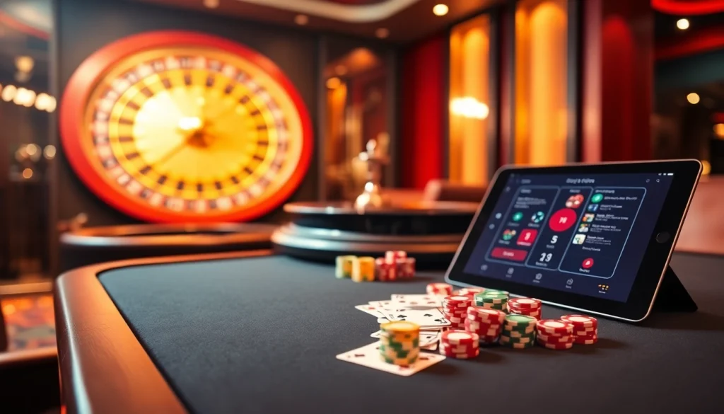 Vivez l'excitation du casino en ligne Français avec des jetons de poker vibrants et une roue de roulette luxueuse.