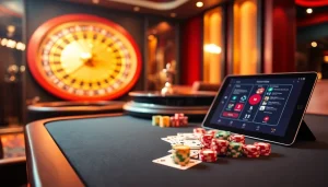 Vivez l'excitation du casino en ligne Français avec des jetons de poker vibrants et une roue de roulette luxueuse.