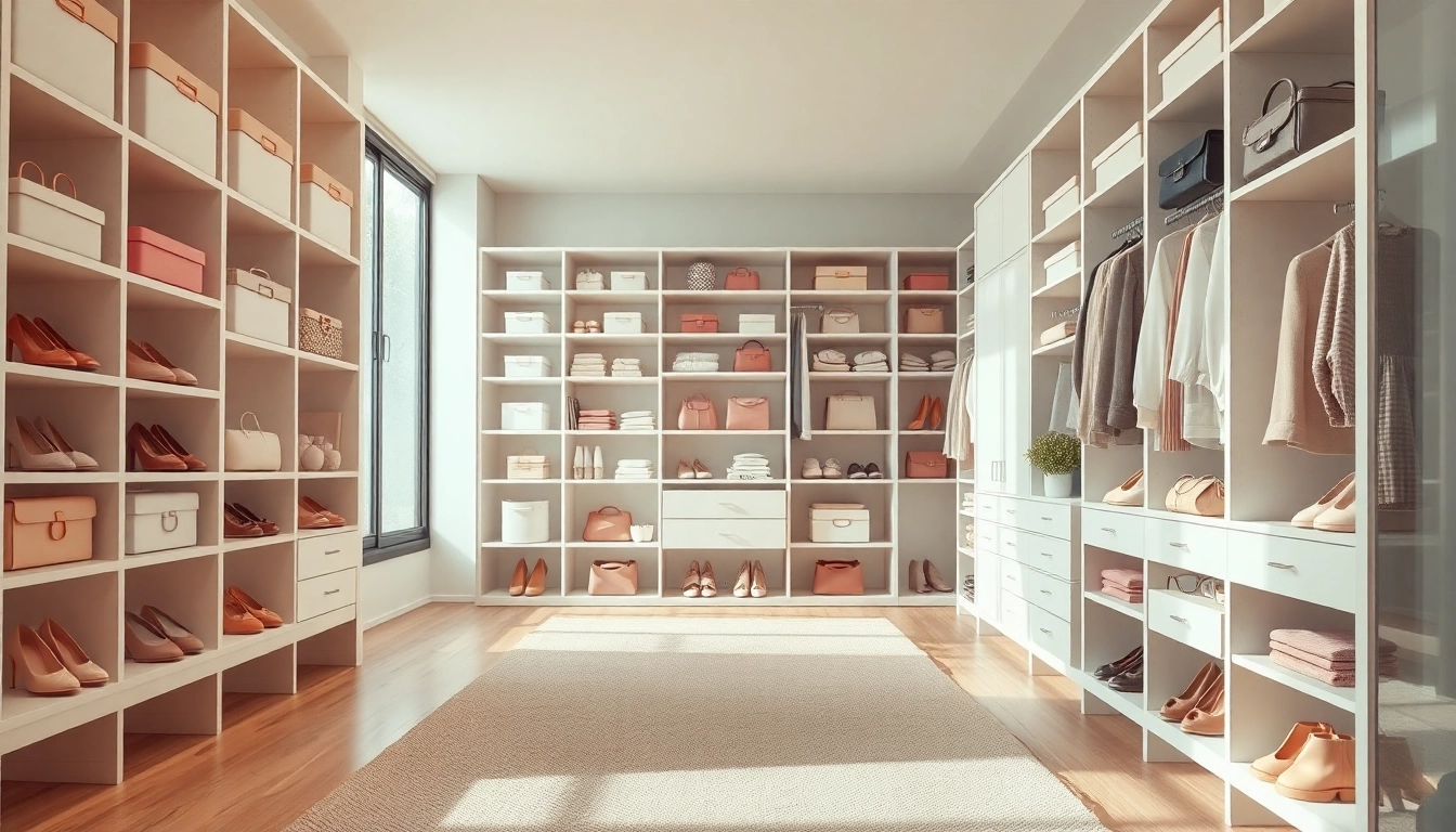 Closet organization displayed in a spacious walk-in closet with neatly arranged storage solutions.