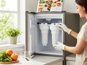 Installing Waterdrop EDR4RXD1 Refrigerator Water Filter in a bright kitchen with fresh ingredients visible.