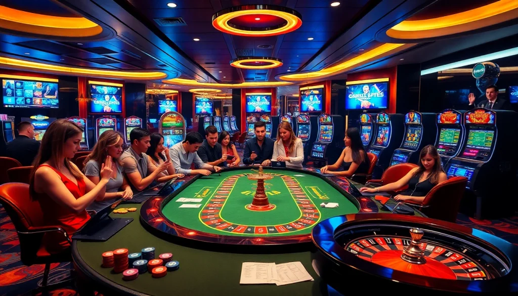 Ambiance passionnante de casino en ligne Français avec des joueurs et des éléments de jeu vibrants dans un cadre luxueux.