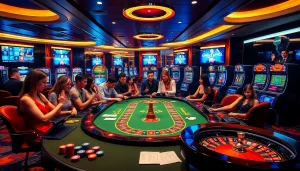 Ambiance passionnante de casino en ligne Français avec des joueurs et des éléments de jeu vibrants dans un cadre luxueux.