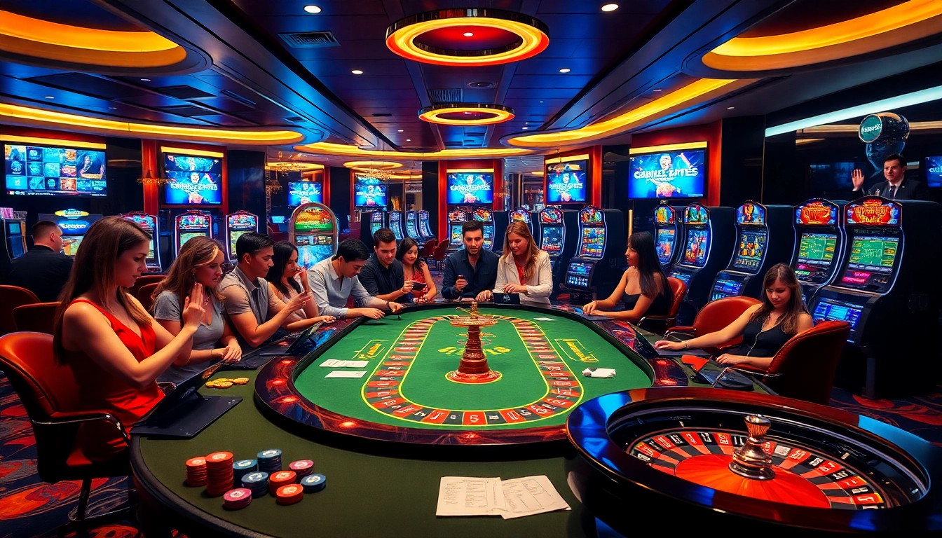 Ambiance passionnante de casino en ligne Français avec des joueurs et des éléments de jeu vibrants dans un cadre luxueux.