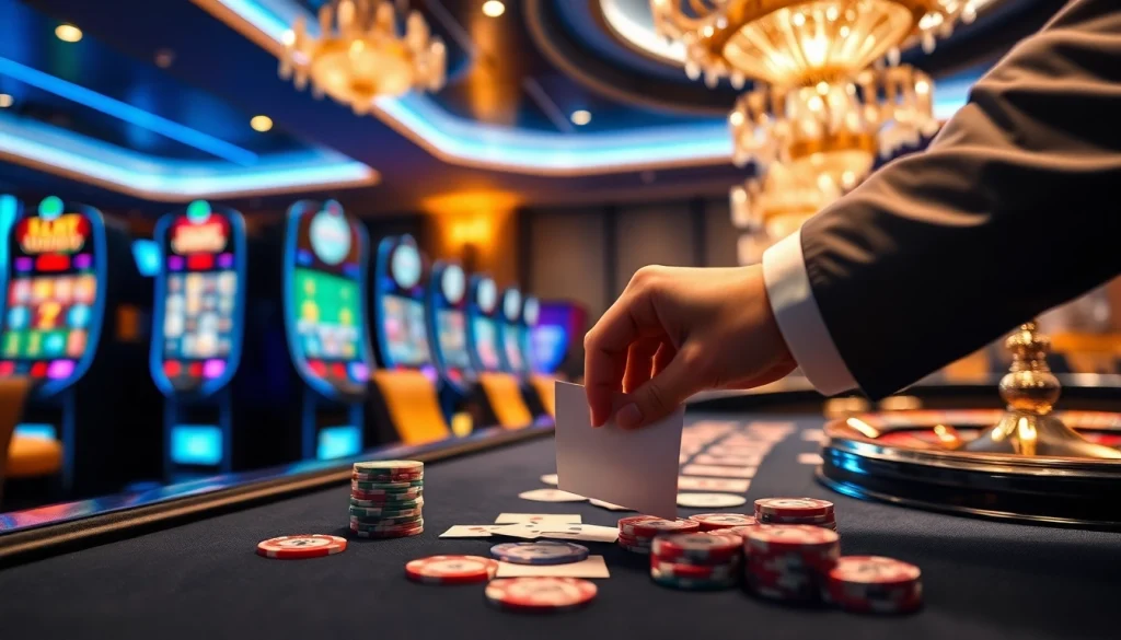 Scène engageante de casino en ligne argent réel France avec des machines à sous vibrantes, une table de poker et des bulletins de paris.