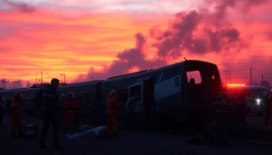 Scene of spain train crash showing emergency responders attending to the injured.