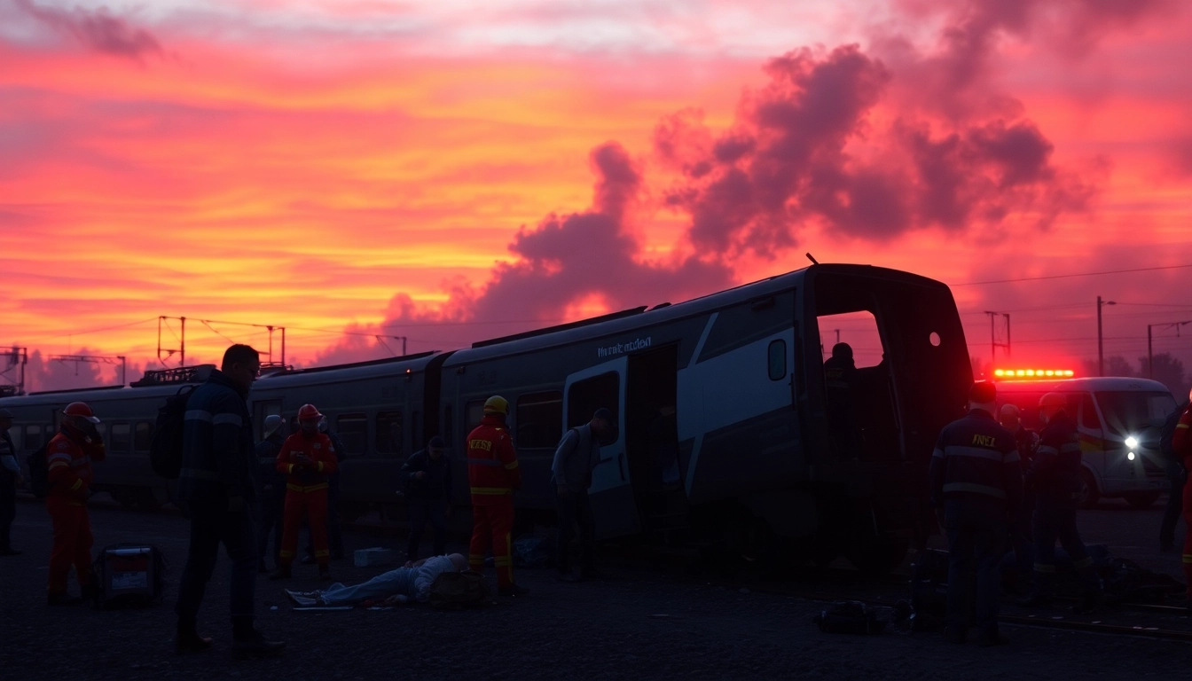 Scene of spain train crash showing emergency responders attending to the injured.