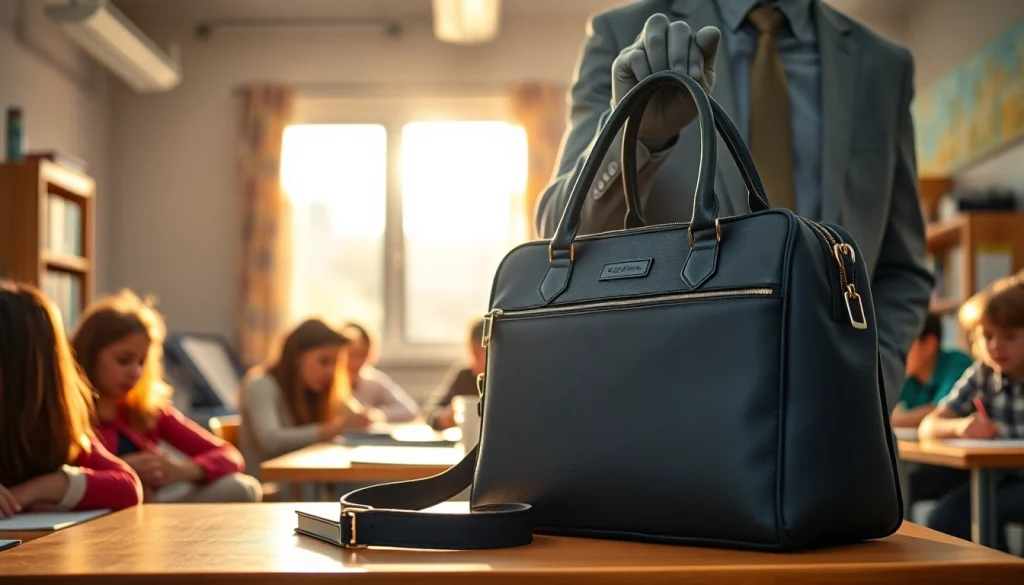 Handytasche Lehrer auf einem Schreibtisch in einem hellen Klassenzimmer mit aktiven Schülern.