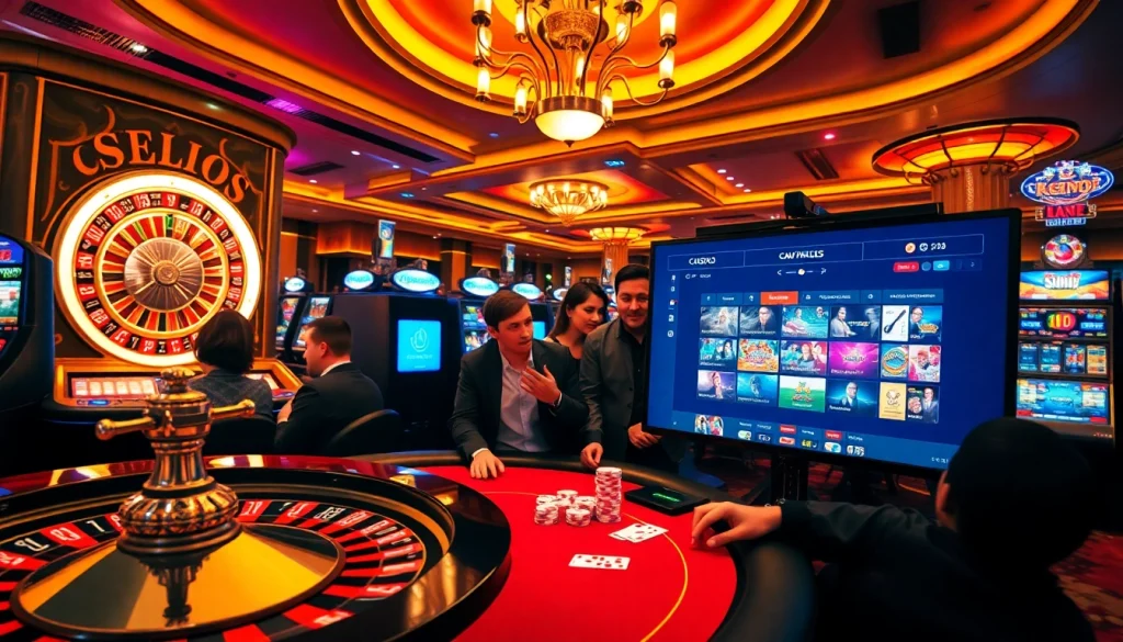 Joueurs engagés profitant d'un casino en ligne français animé avec des roues de roulette et des machines à sous.