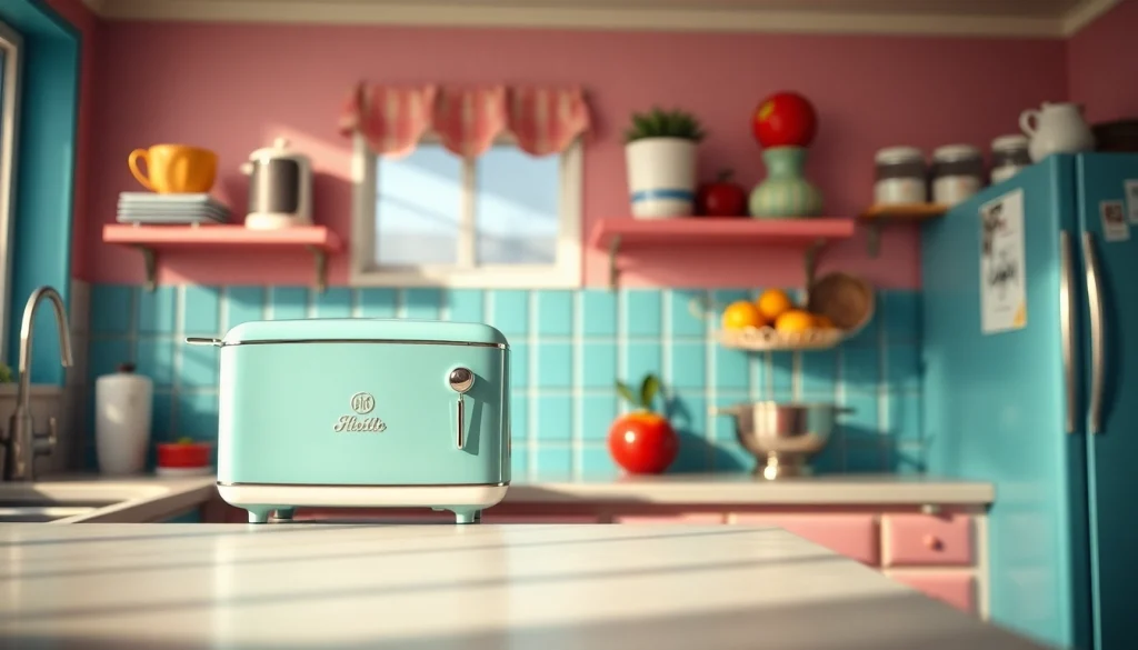 Retro appliance showcased in a vintage kitchen, highlighting its charm and cheerful colors.