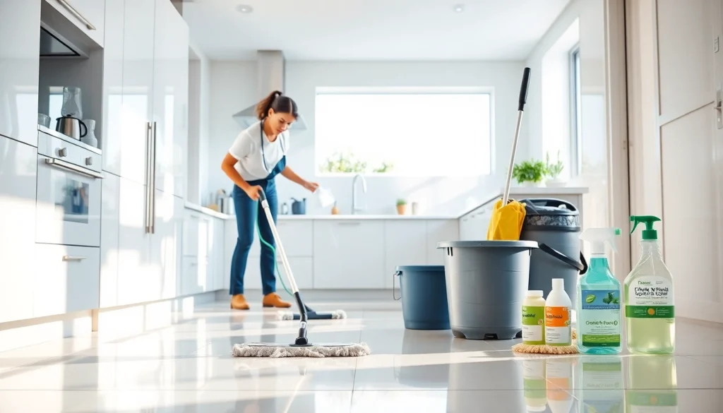 Tile cleaners near me providing a professional cleaning service in a bright modern kitchen.
