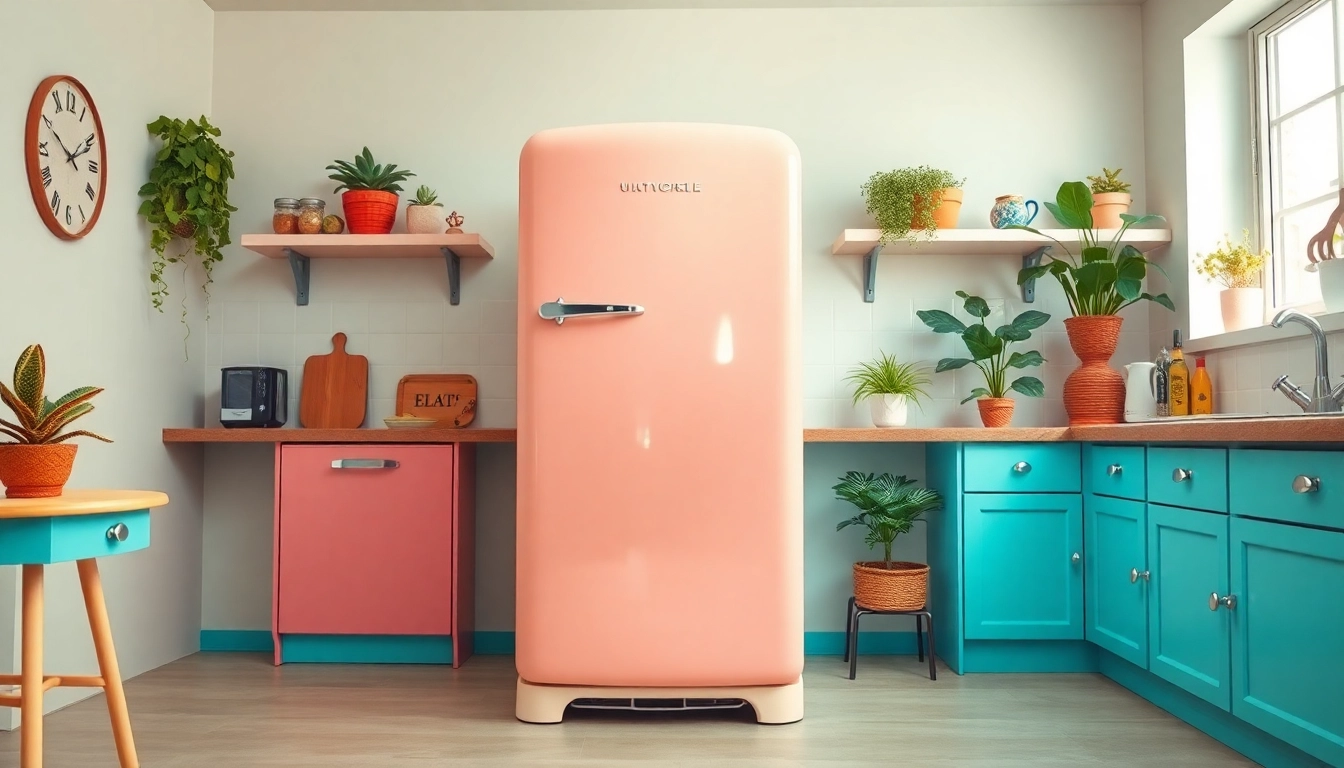 Showcase of a retro appliance in a colorful kitchen, highlighting vintage charm and modern decor.